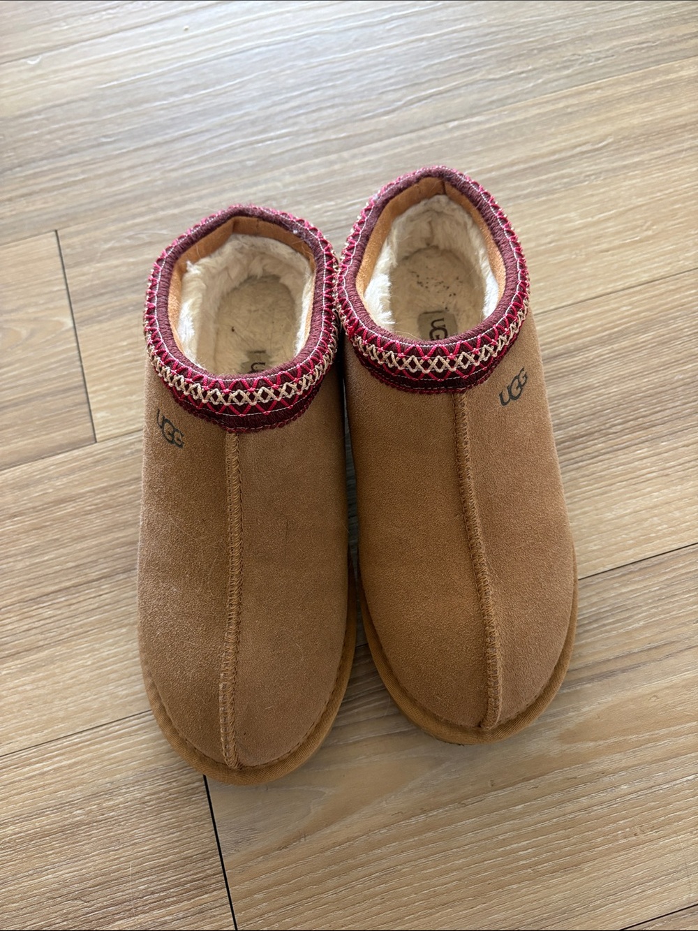UGG Women's Chestnut Suede Shearling Slippers with Red Trim